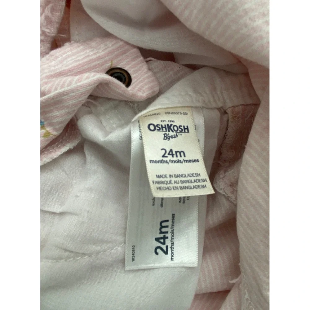 OshKosh Bgosh Pink Pinstripe Floral Overall Dress Toddler 24M Frayed Hem